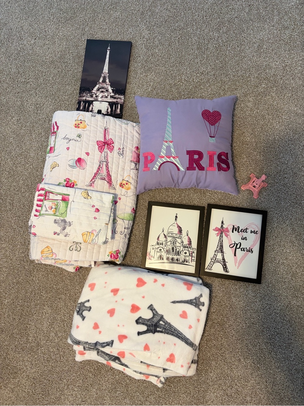 Paris-Themed Kids Pillow and Throws Set in Purple, White, Pink
